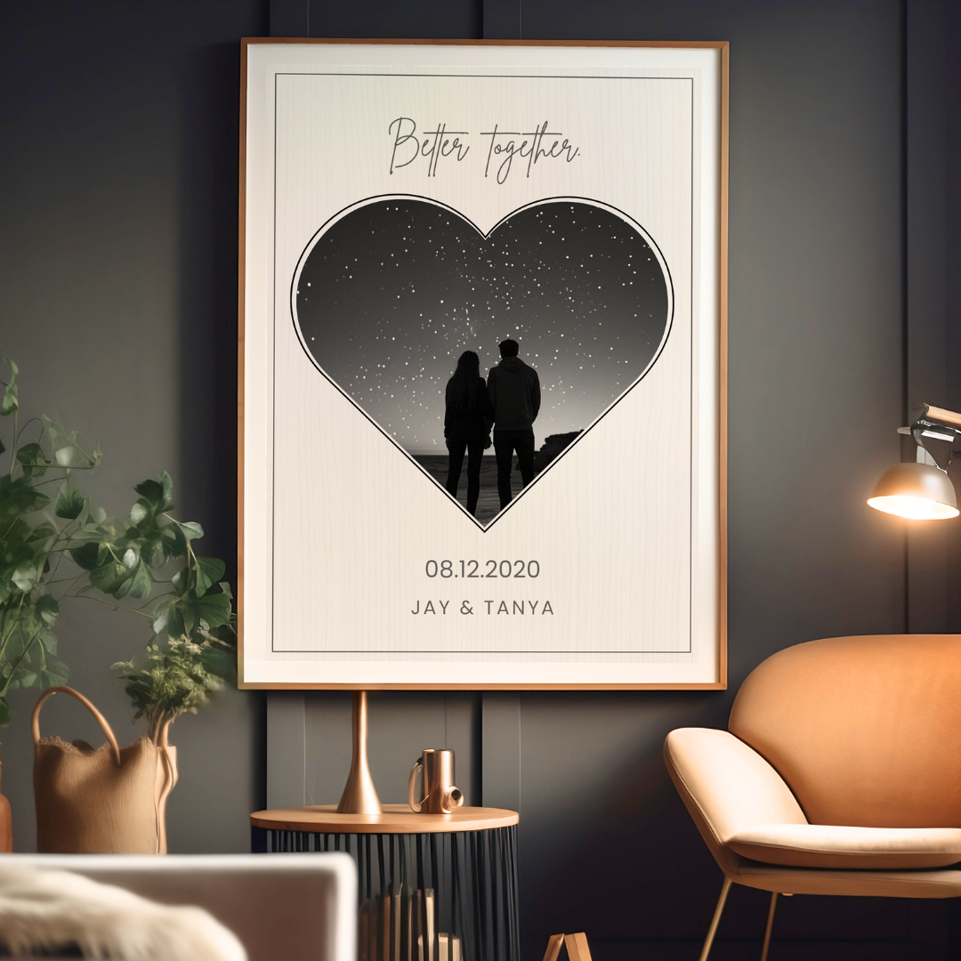 Personalized "Better Together" Heart Silhouette Photo Frame | Custom Starry Night Couple Art custom Premium Wall Art Canvas by MeriDeewar
