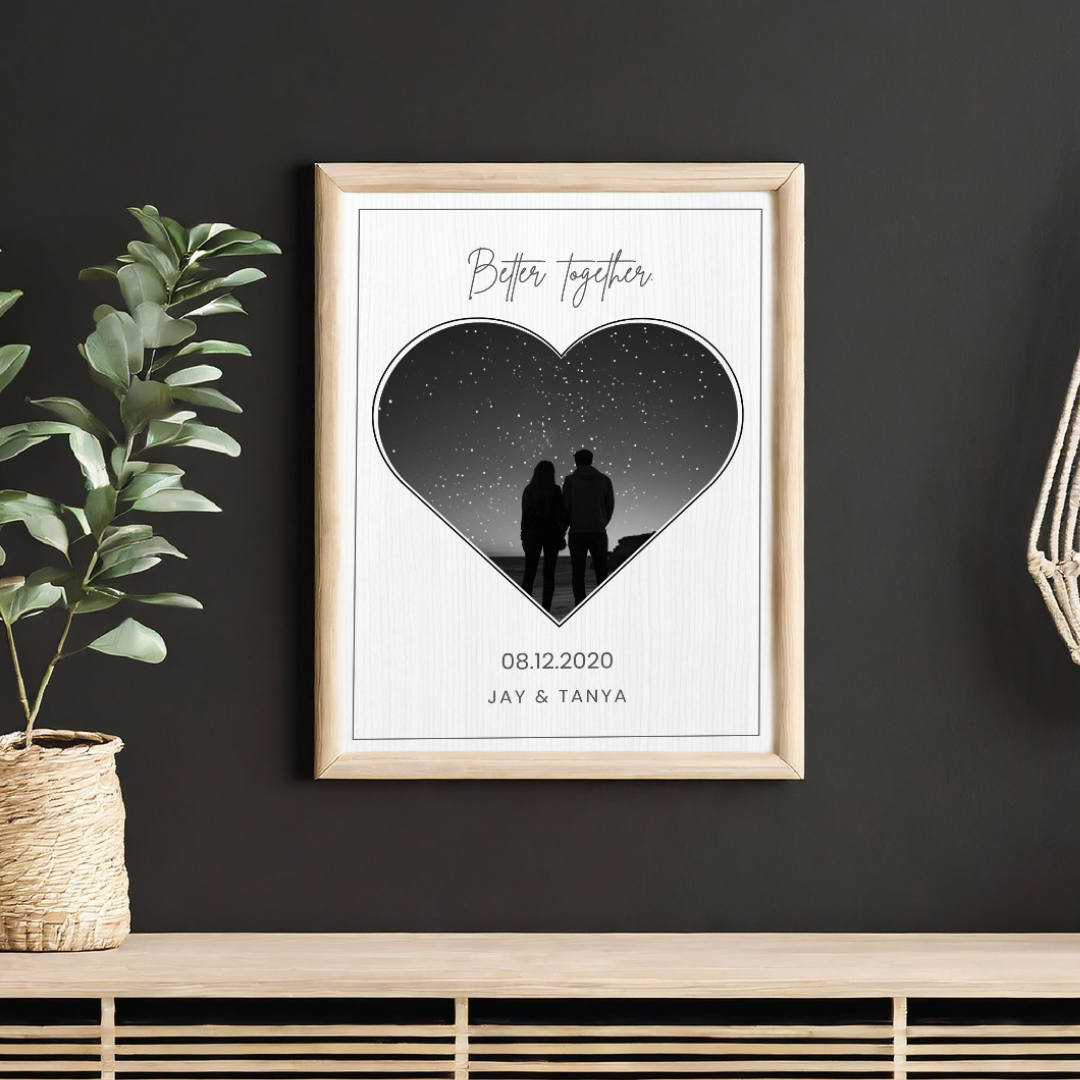 Personalized "Better Together" Heart Silhouette Photo Frame | Custom Starry Night Couple Art custom Premium Wall Art Canvas by MeriDeewar
