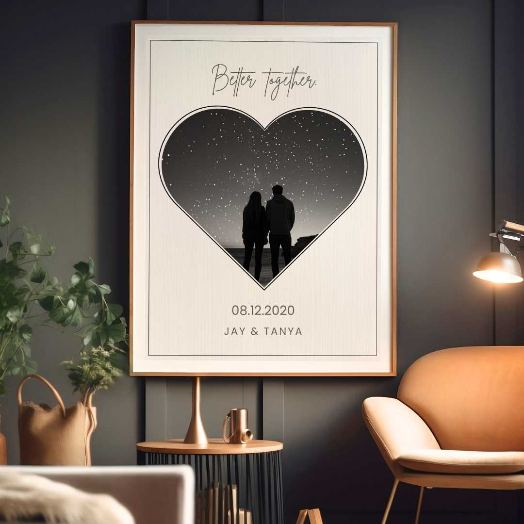 Personalized "Better Together" Heart Silhouette Photo Frame | Custom Starry Night Couple Art custom Premium Wall Art Canvas by MeriDeewar