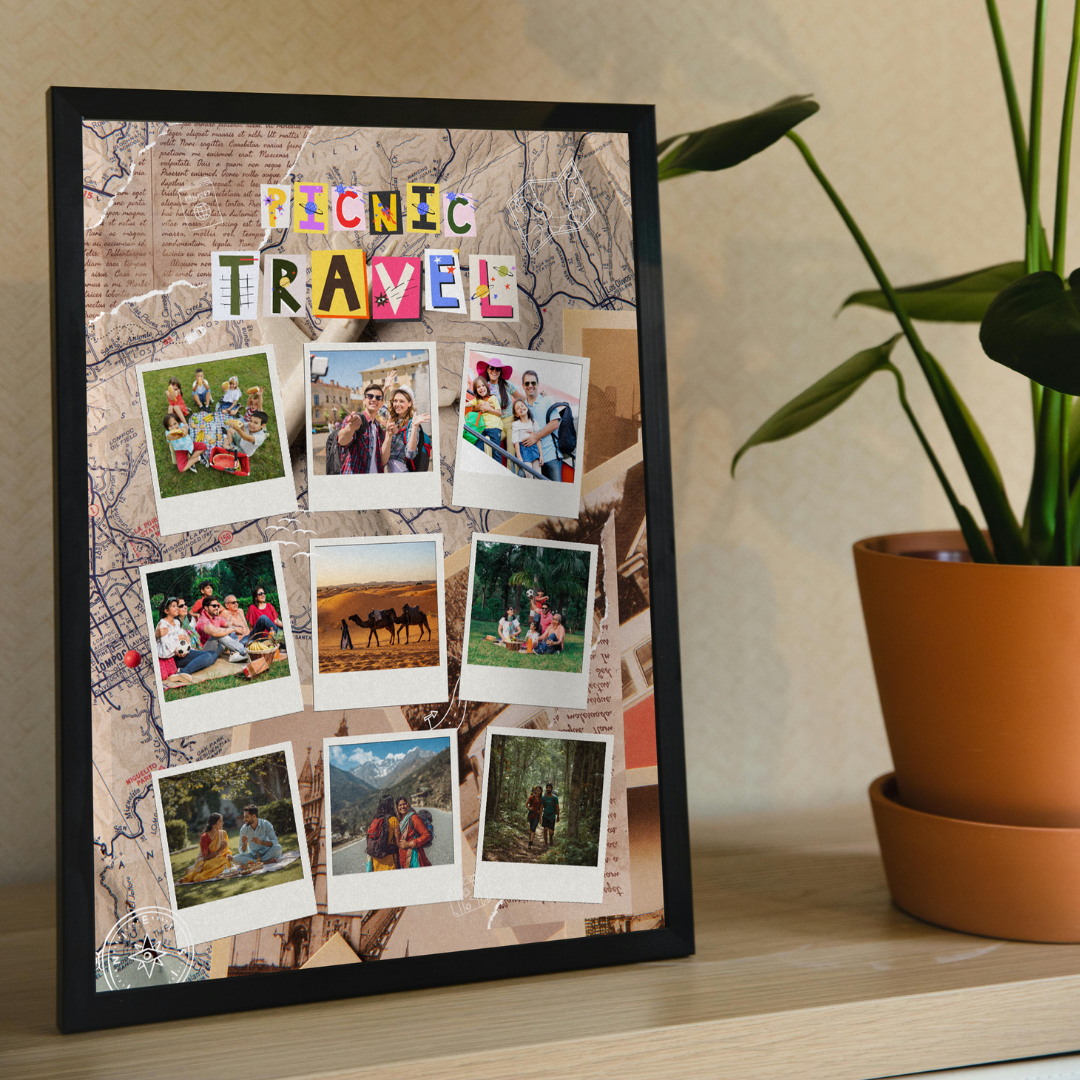Personalized Travel & Picnic Scrapbook Photo Frame | Custom 9-Picture Map Collage custom Premium Wall Art Canvas by MeriDeewar