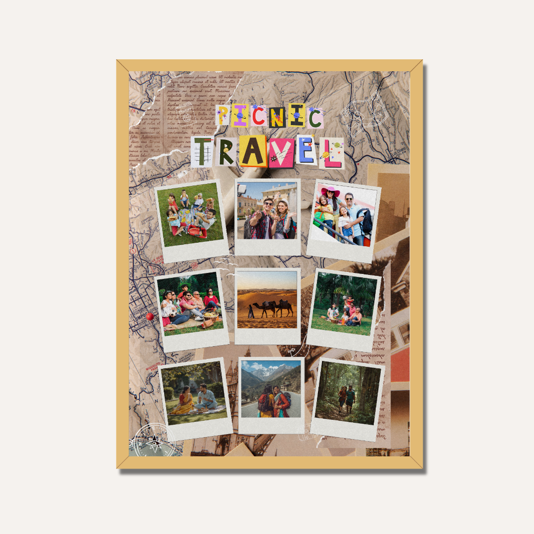 Personalized Travel & Picnic Scrapbook Photo Frame | Custom 9-Picture Map Collage custom Premium Wall Art Canvas by MeriDeewar