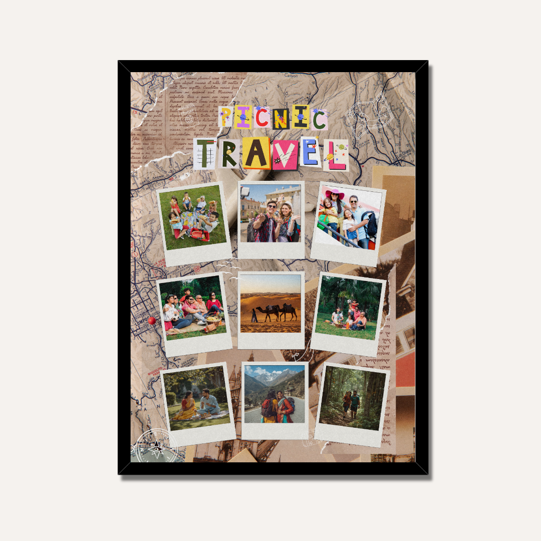 Personalized Travel & Picnic Scrapbook Photo Frame | Custom 9-Picture Map Collage custom Premium Wall Art Canvas by MeriDeewar