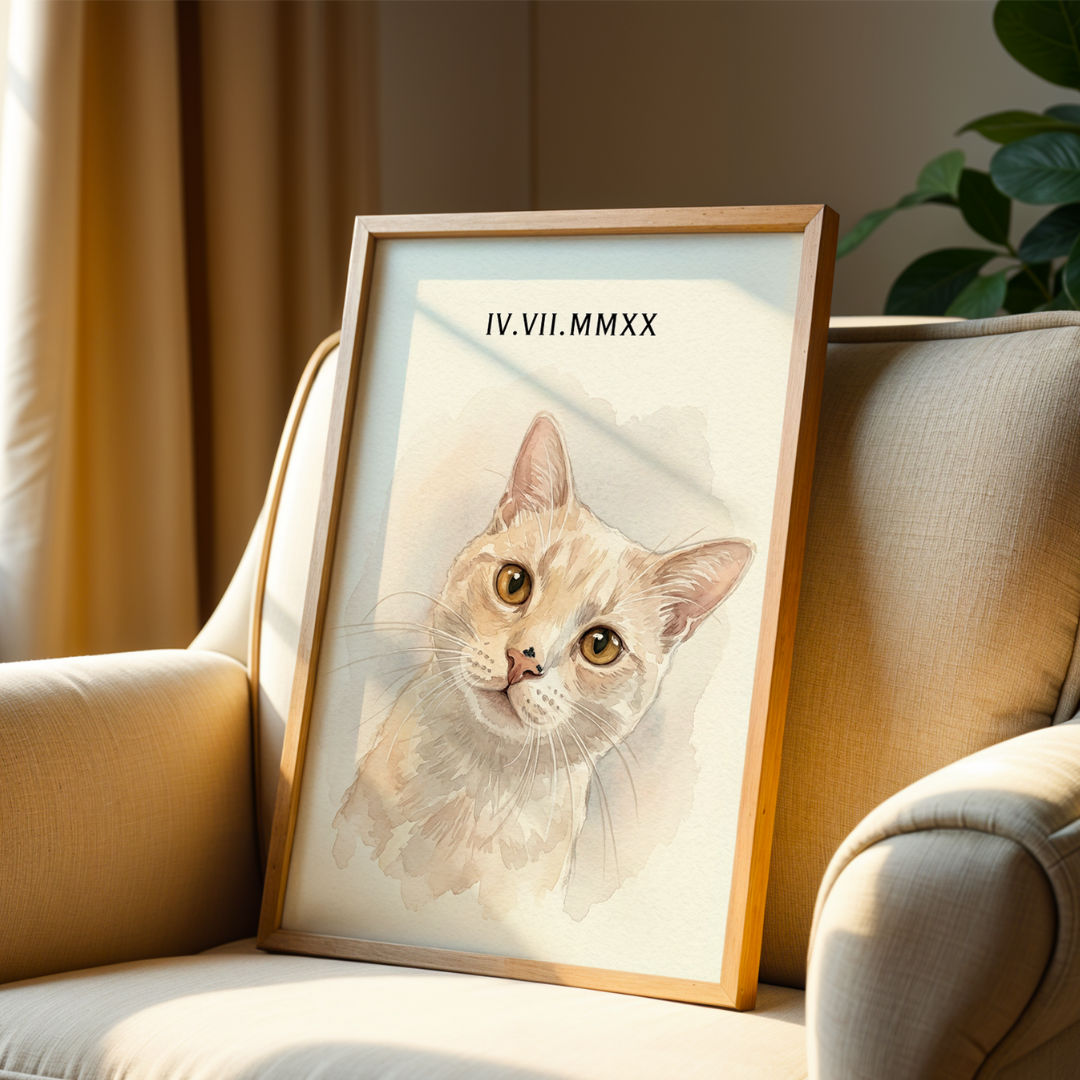 Personalized Watercolor Pet Portrait Frame | Custom Roman Numeral Pet Art custom Premium Wall Art Canvas by MeriDeewar