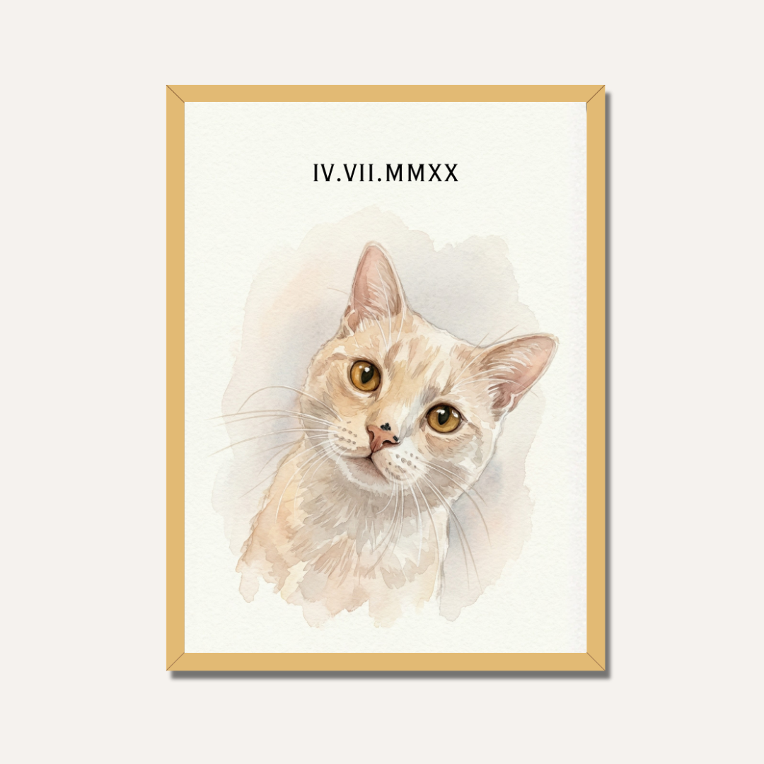 Personalized Watercolor Pet Portrait Frame | Custom Roman Numeral Pet Art custom Premium Wall Art Canvas by MeriDeewar