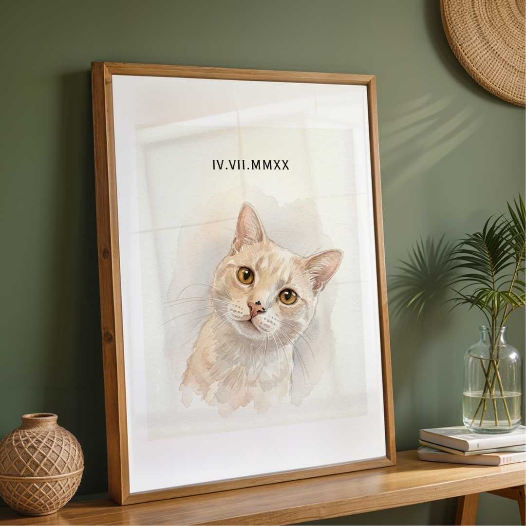 Personalized Watercolor Pet Portrait Frame | Custom Roman Numeral Pet Art custom Premium Wall Art Canvas by MeriDeewar