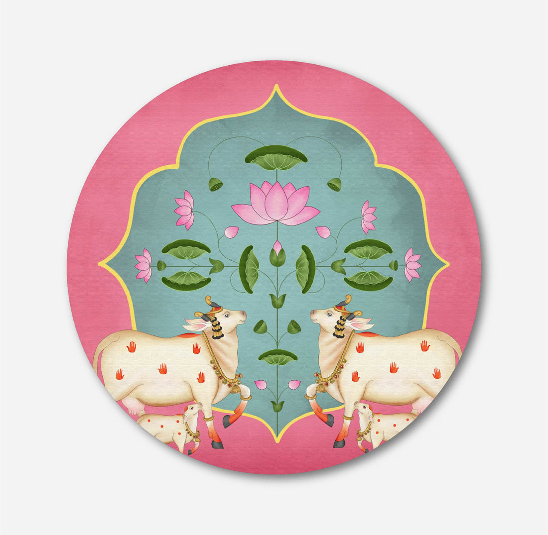 Pichwai Cow and Lotus Circular Canvas Frame Circular Canvas Frame Premium Wall Art Canvas by MeriDeewar