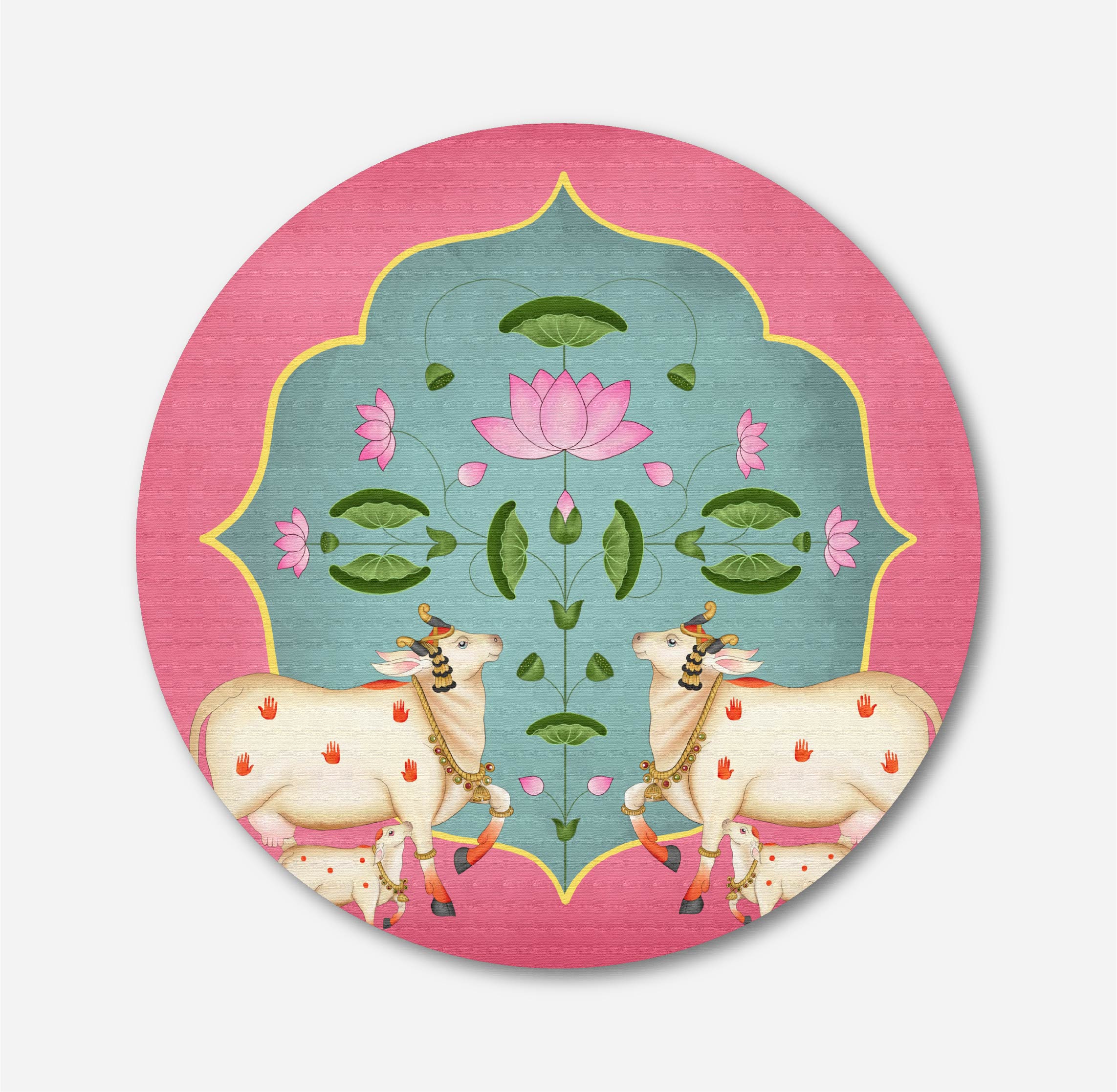Pichwai Cow and Lotus Circular Canvas Frame Circular Canvas Frame Premium Wall Art Canvas by MeriDeewar