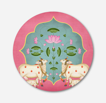 Pichwai Cow and Lotus Circular Canvas Frame Circular Canvas Frame Premium Wall Art Canvas by MeriDeewar