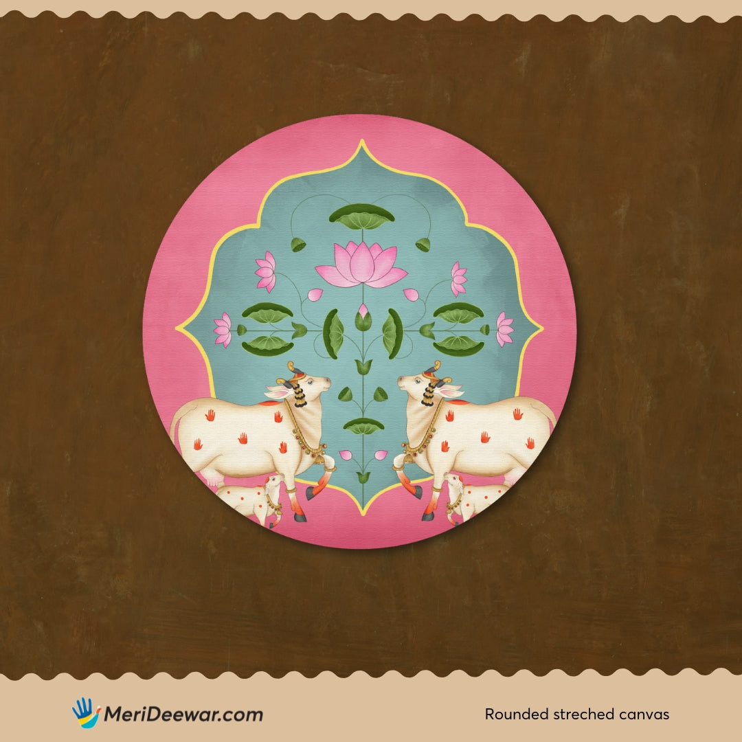 Pichwai Cow and Lotus Circular Canvas Frame Circular Canvas Frame Premium Wall Art Canvas by MeriDeewar