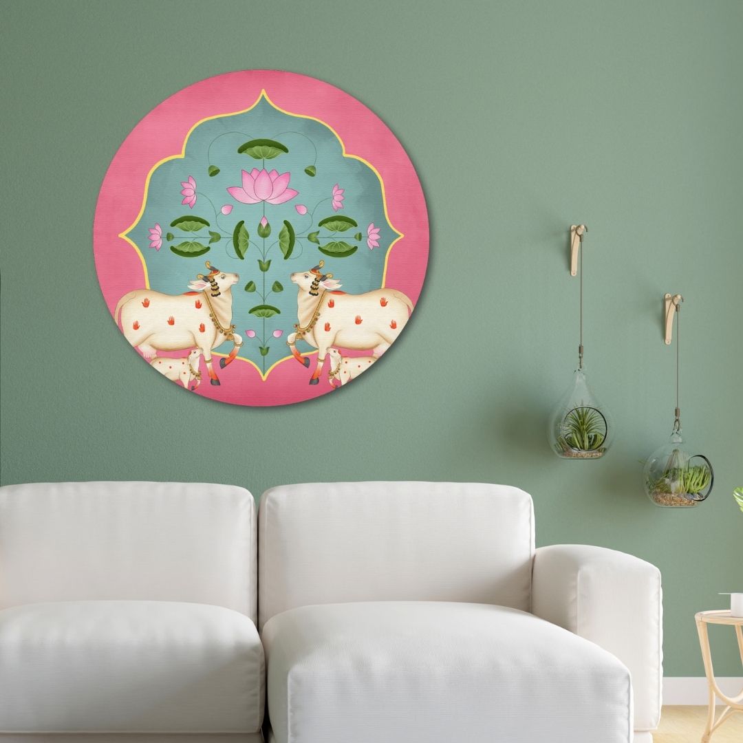 Pichwai Cow and Lotus Circular Canvas Frame Circular Canvas Frame Premium Wall Art Canvas by MeriDeewar
