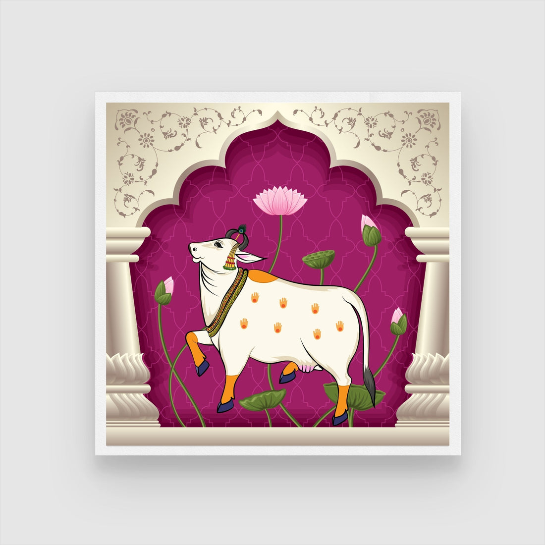 Pichwai cow and Lotus Flower Painting 1 : 1 Square Premium Wall Art Canvas by MeriDeewar