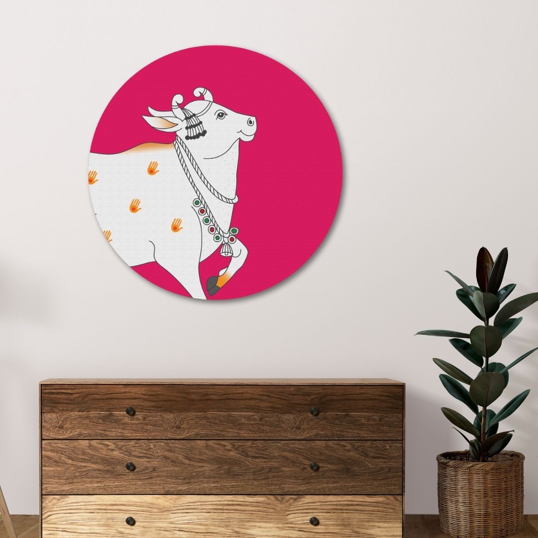 Pichwai Cow Art Circular Canvas Frame Circular Canvas Frame Premium Wall Art Canvas by MeriDeewar