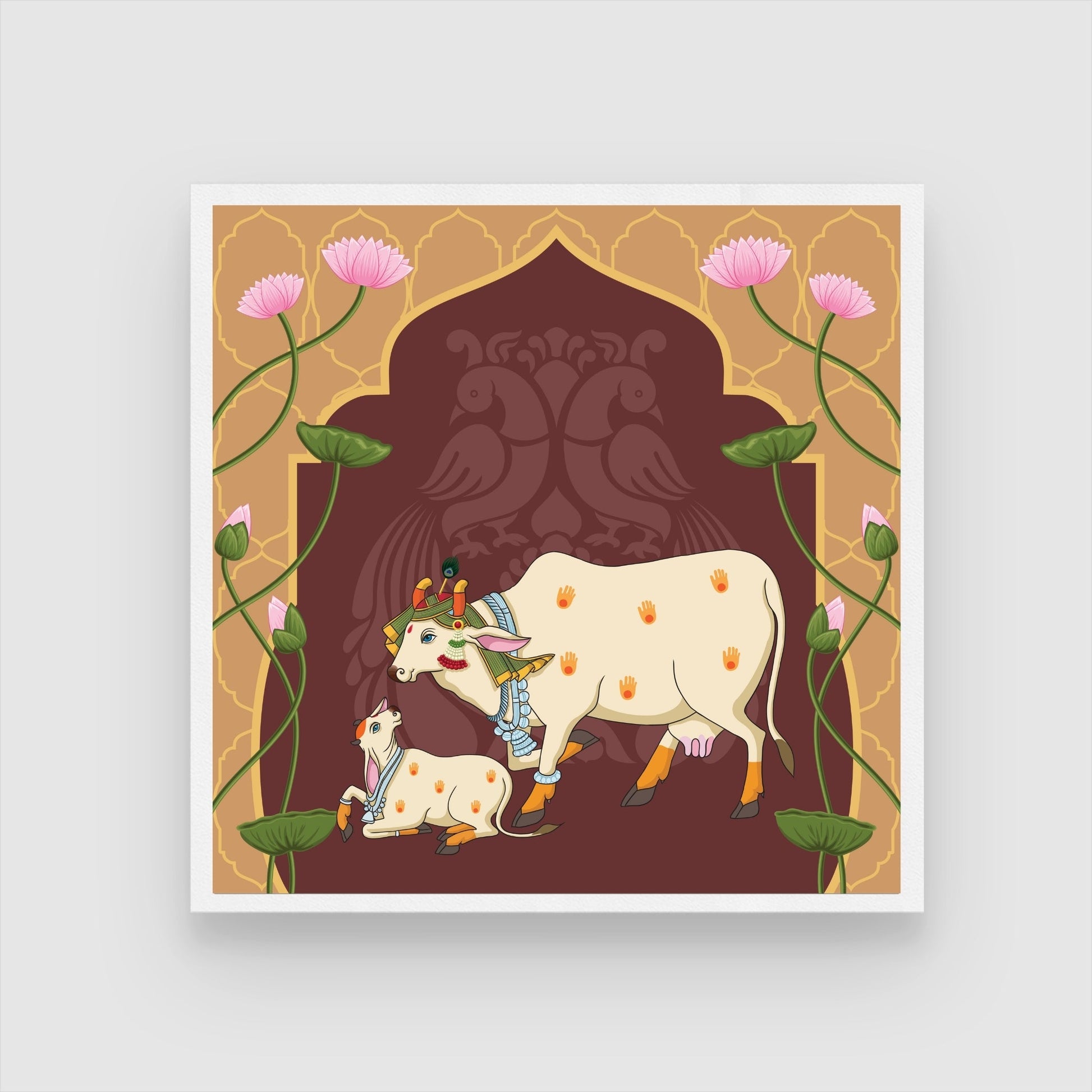 Pichwai Cow Art with Lotus: Indian Tradition at MeriDeewar 1 : 1 Square Premium Wall Art Canvas by MeriDeewar