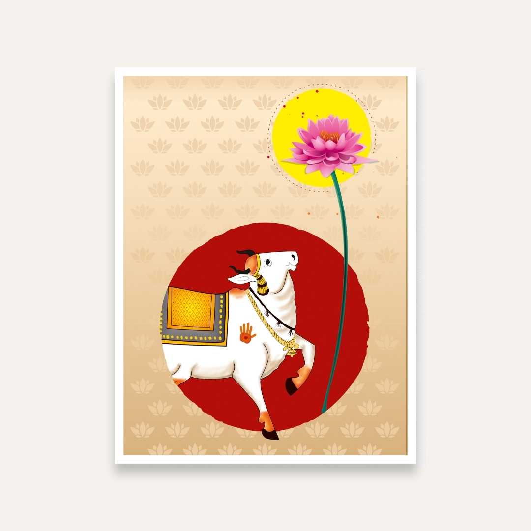 Pichwai Cow Painting with Lotus for Living Room | Spiritual Wall Art | Giclée Print 3 : 4 Vertical Premium Wall Art Canvas by MeriDeewar