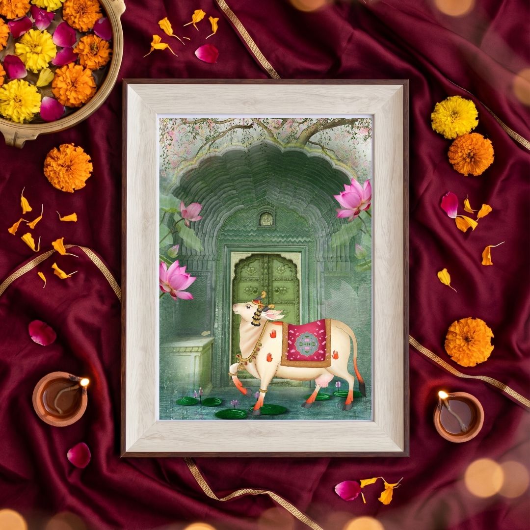 Pichwai Dwara | Sacred Cow Palace Gateway Heritage Framed Art Curate Oakwood mix / Small Premium Wall Art Canvas by MeriDeewar