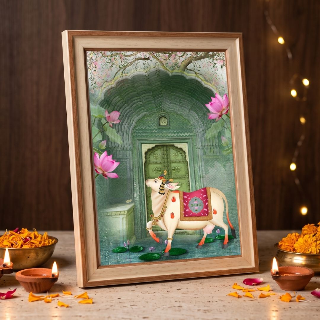 Pichwai Dwara | Sacred Cow Palace Gateway Heritage Framed Art Curate Premium Wall Art Canvas by MeriDeewar