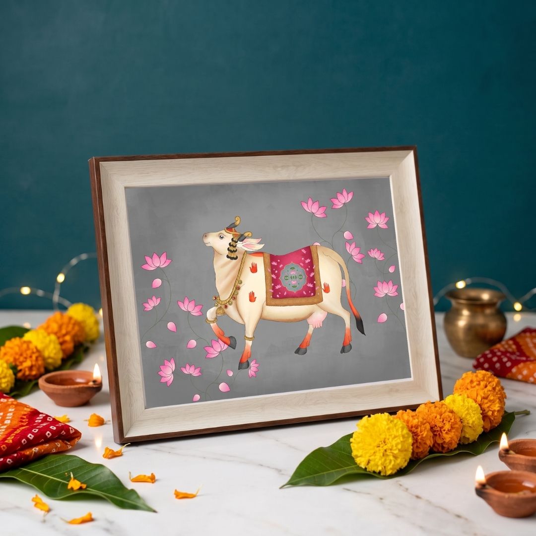 Pichwai Kamdhenu | Traditional Rajasthani Lotus Cow Framed Art Curate Oakwood mix Premium Wall Art Canvas by MeriDeewar