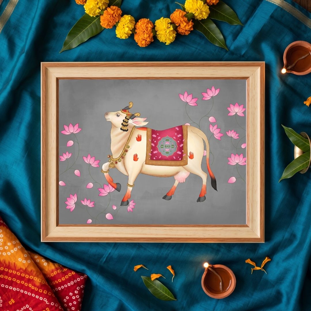 Pichwai Kamdhenu | Traditional Rajasthani Lotus Cow Framed Art Curate Pinewood Mix Premium Wall Art Canvas by MeriDeewar
