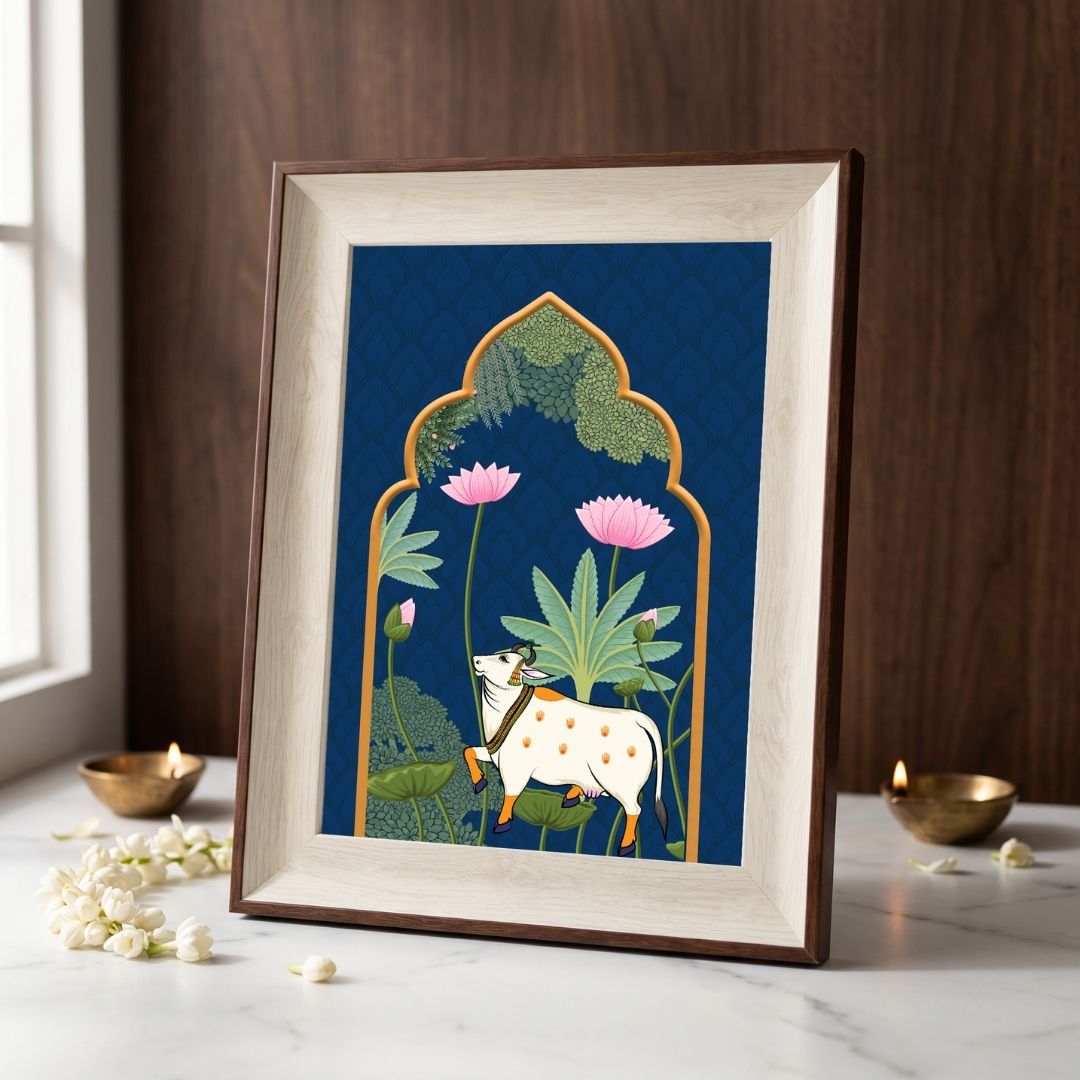 Pichwai Nilambari | Sacred Cow Royal Blue Archway Heritage Framed Art Curate Oakwood mix Premium Wall Art Canvas by MeriDeewar