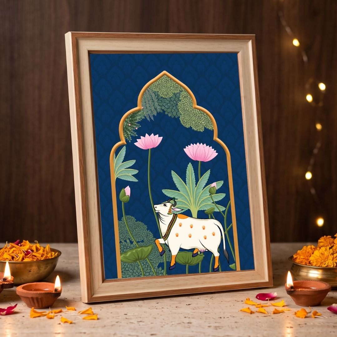 Pichwai Nilambari | Sacred Cow Royal Blue Archway Heritage Framed Art Curate Pinewood Mix Premium Wall Art Canvas by MeriDeewar