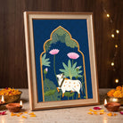 Pichwai Nilambari | Sacred Cow Royal Blue Archway Heritage Framed Art Curate Pinewood Mix Premium Wall Art Canvas by MeriDeewar