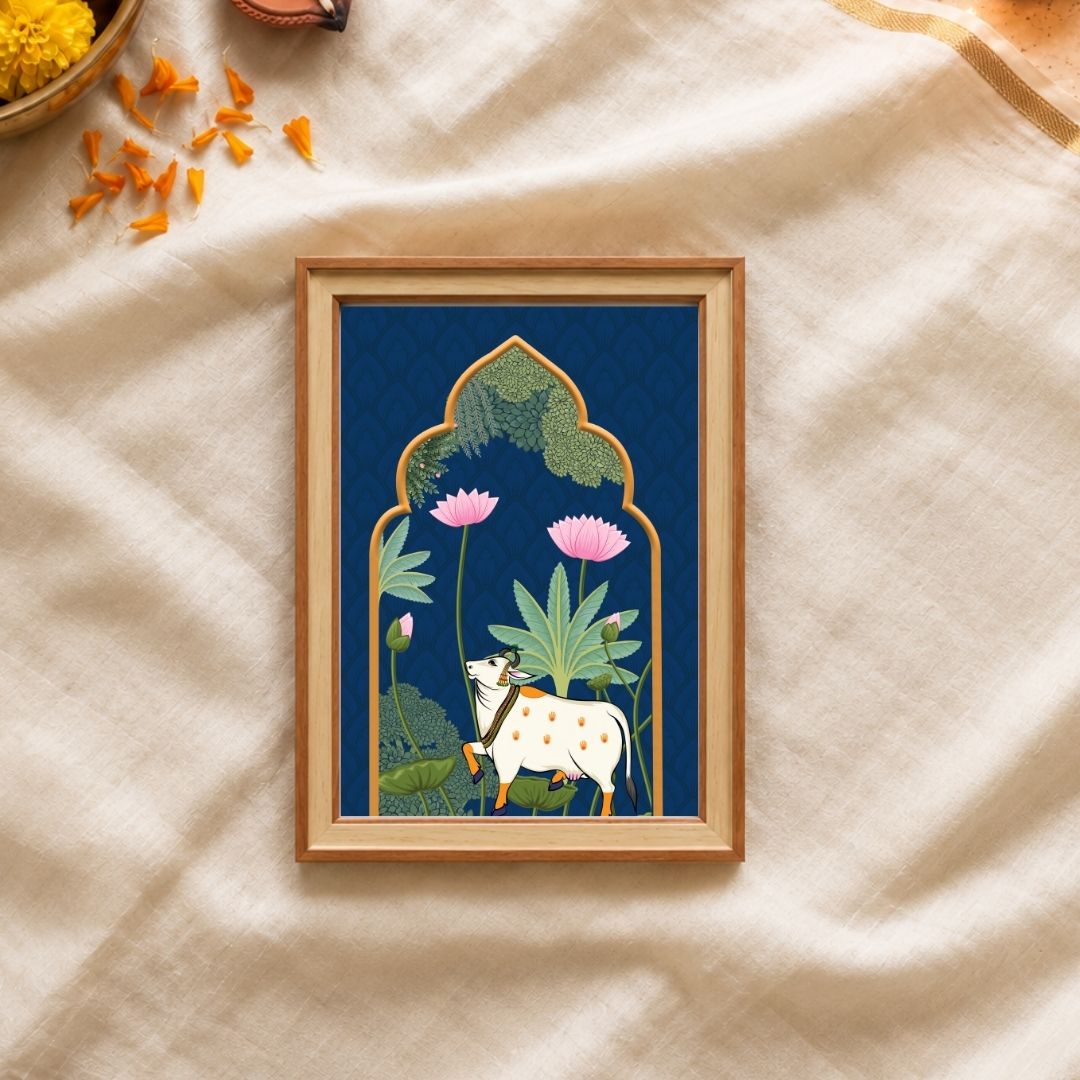 Pichwai Nilambari | Sacred Cow Royal Blue Archway Heritage Framed Art Curate Premium Wall Art Canvas by MeriDeewar