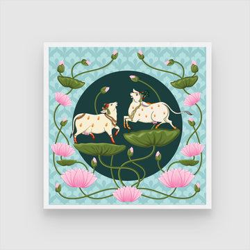 Pichwai Painting of Cow Against Blue 1 : 1 Square Premium Wall Art Canvas by MeriDeewar