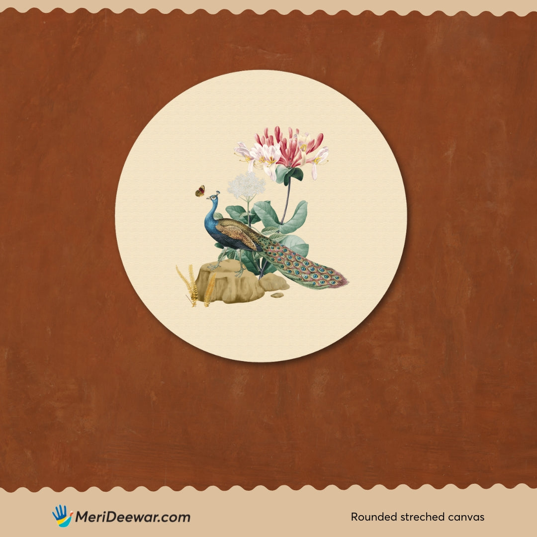 Pichwai scenic Peacock Circular Canvas Frame Circular Canvas Frame Premium Wall Art Canvas by MeriDeewar