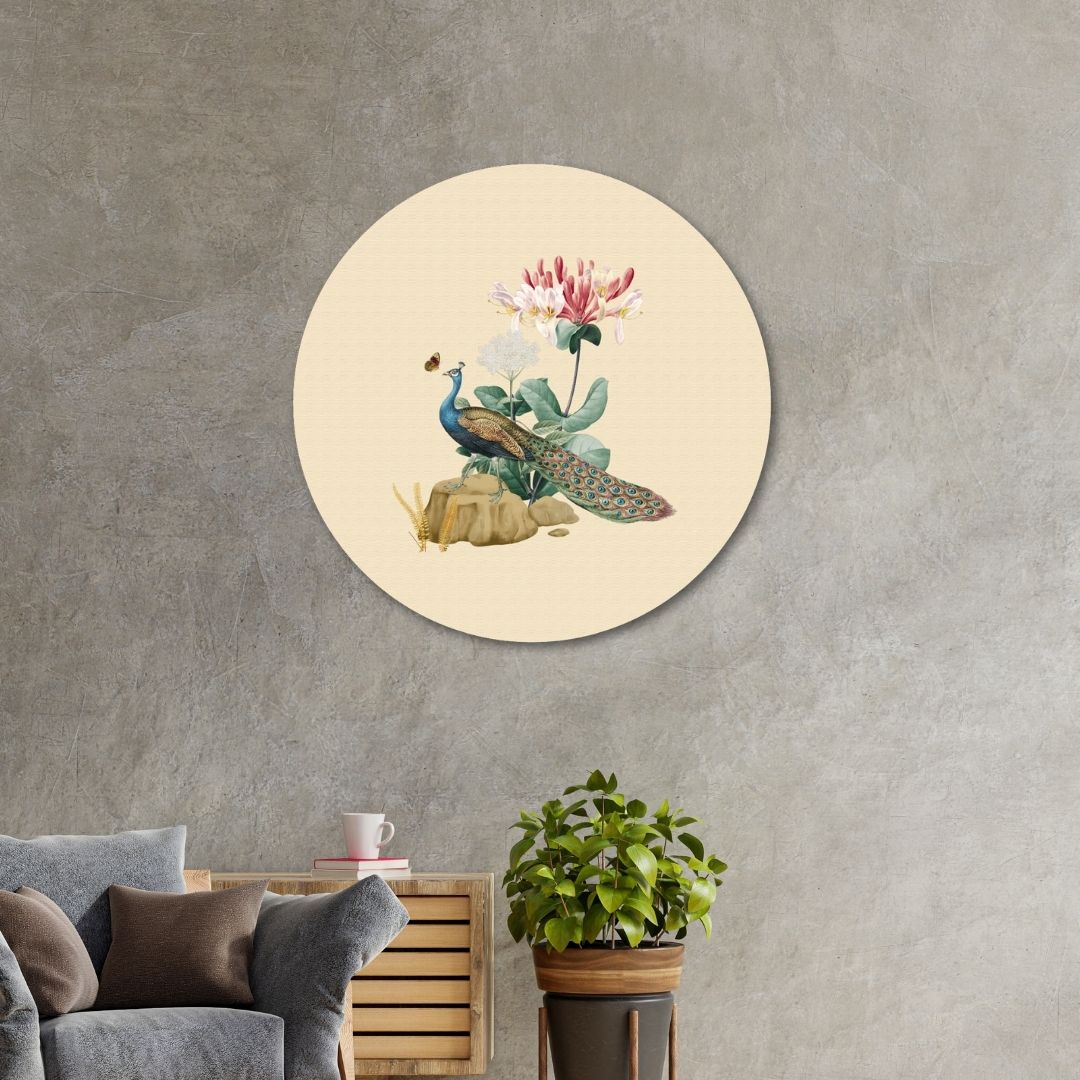 Pichwai scenic Peacock Circular Canvas Frame Circular Canvas Frame Premium Wall Art Canvas by MeriDeewar