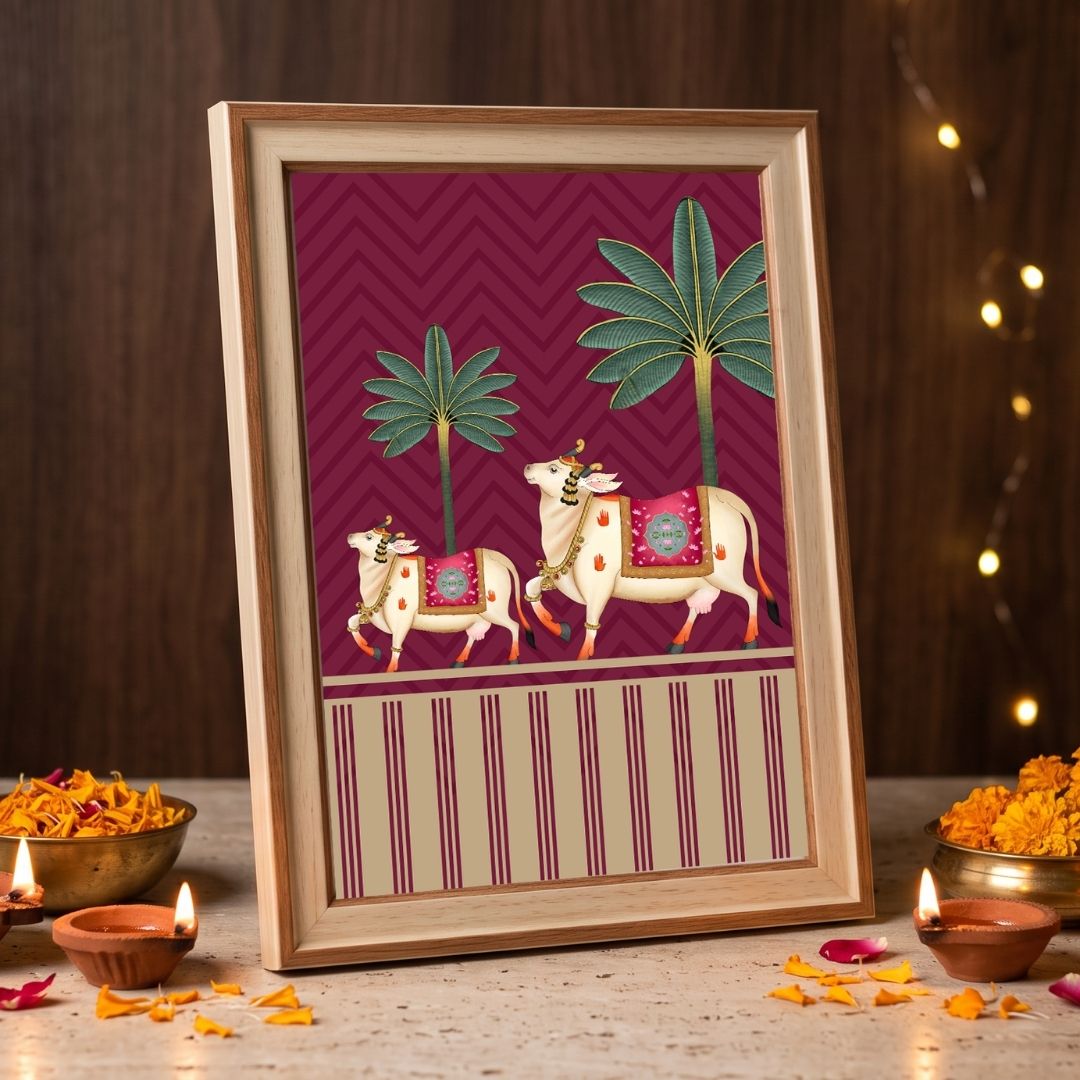 Pichwai Vatsalya | Traditional Rajasthani Cow & Calf Framed Art Curate Pinewood Mix Premium Wall Art Canvas by MeriDeewar