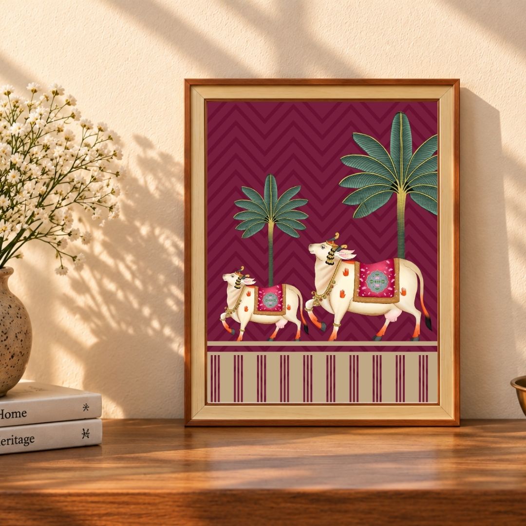 Pichwai Vatsalya | Traditional Rajasthani Cow & Calf Framed Art Curate Premium Wall Art Canvas by MeriDeewar