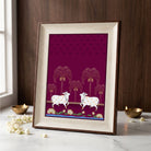 Pichwai Yugala | Symmetrical Sacred Cow Pair Deep Plum Heritage Framed Art Curate Oakwood mix Premium Wall Art Canvas by MeriDeewar