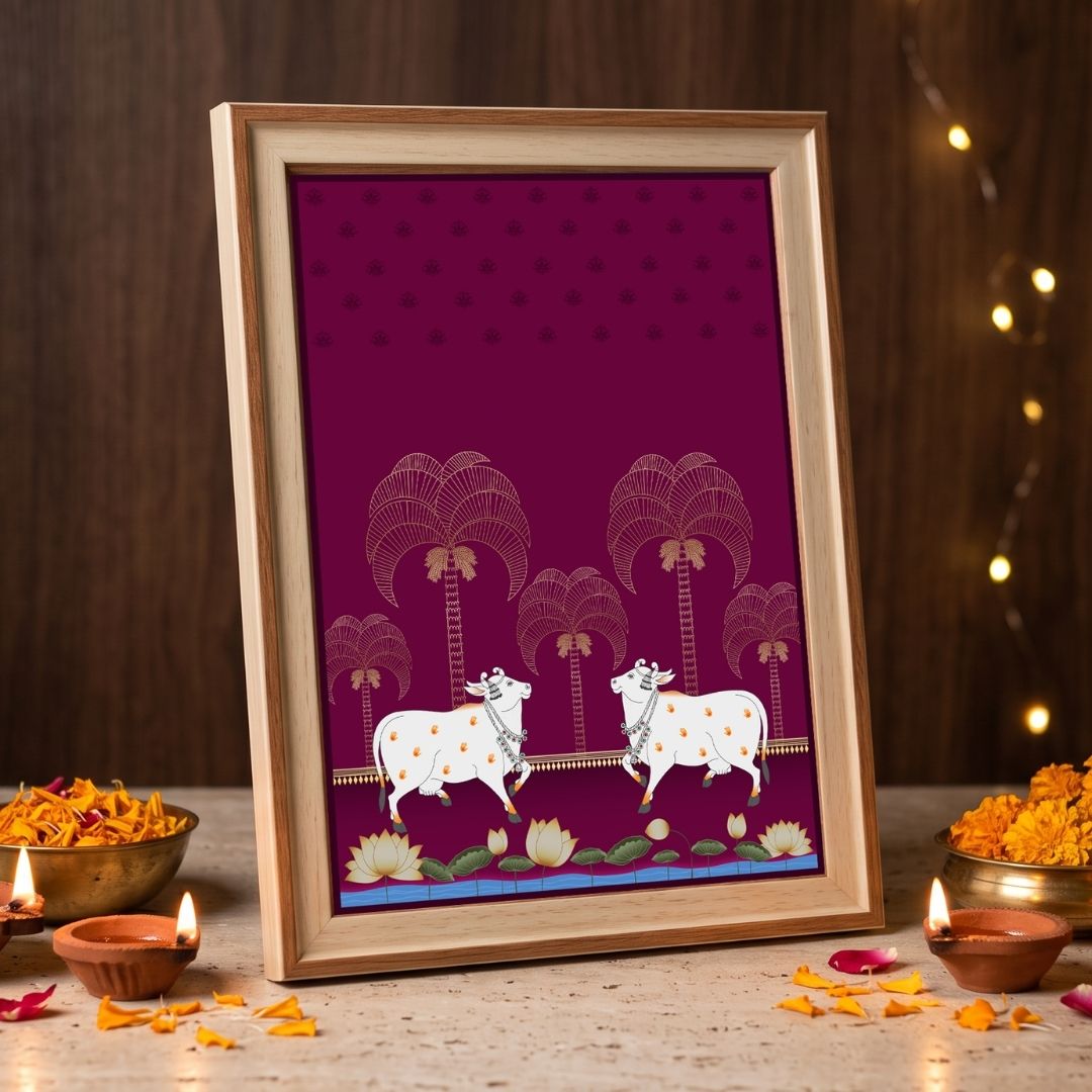 Pichwai Yugala | Symmetrical Sacred Cow Pair Deep Plum Heritage Framed Art Curate Pinewood Mix Premium Wall Art Canvas by MeriDeewar