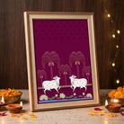 Pichwai Yugala | Symmetrical Sacred Cow Pair Deep Plum Heritage Framed Art Curate Pinewood Mix Premium Wall Art Canvas by MeriDeewar