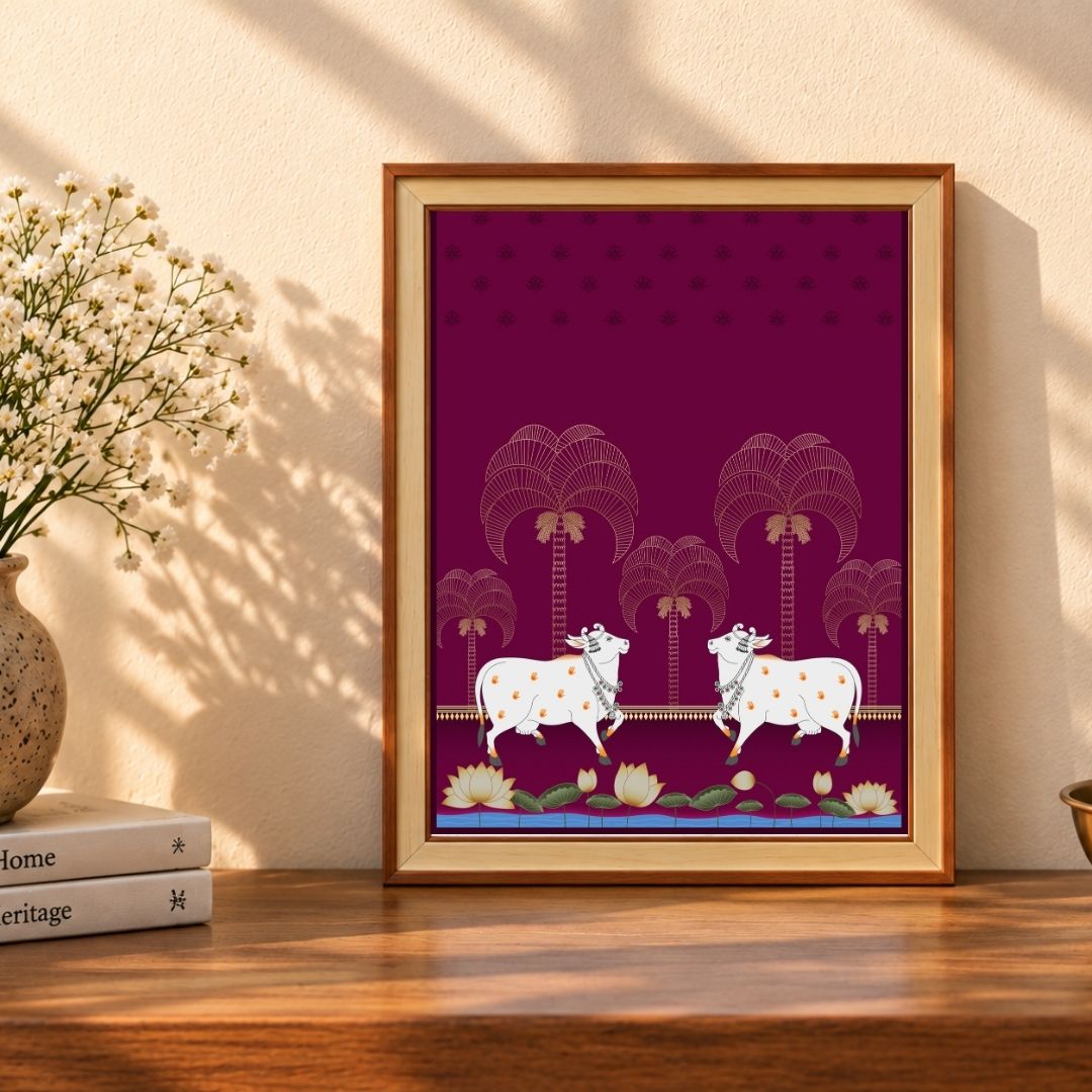 Pichwai Yugala | Symmetrical Sacred Cow Pair Deep Plum Heritage Framed Art Curate Premium Wall Art Canvas by MeriDeewar