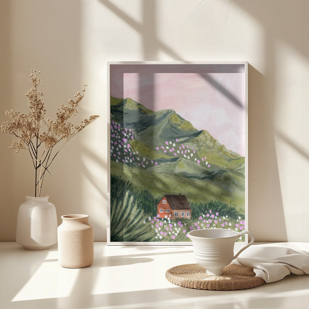 Mountain House Art Print - Serene Home Decor for Nature Lovers