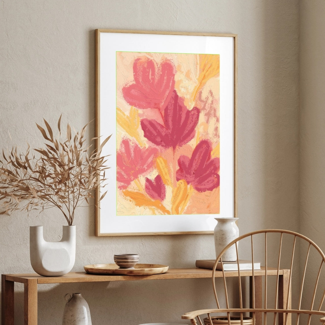 Pink Floral Painting for Living Room | Abstract Flower Wall Art | Giclée Fine Art Print 2 : 3 Vertical Premium Wall Art Canvas by MeriDeewar