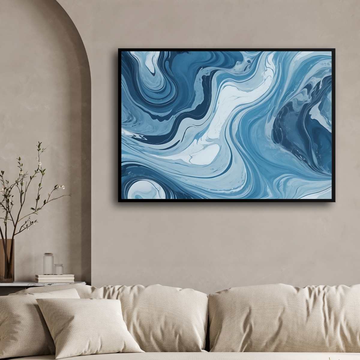 Premium Fluid Abstract Blue Marble Wall Art | Horizontal Modern Liquid Acrylic Black Framed Poster 2 : 3 Horizontal Premium Wall Art Canvas by MeriDeewar