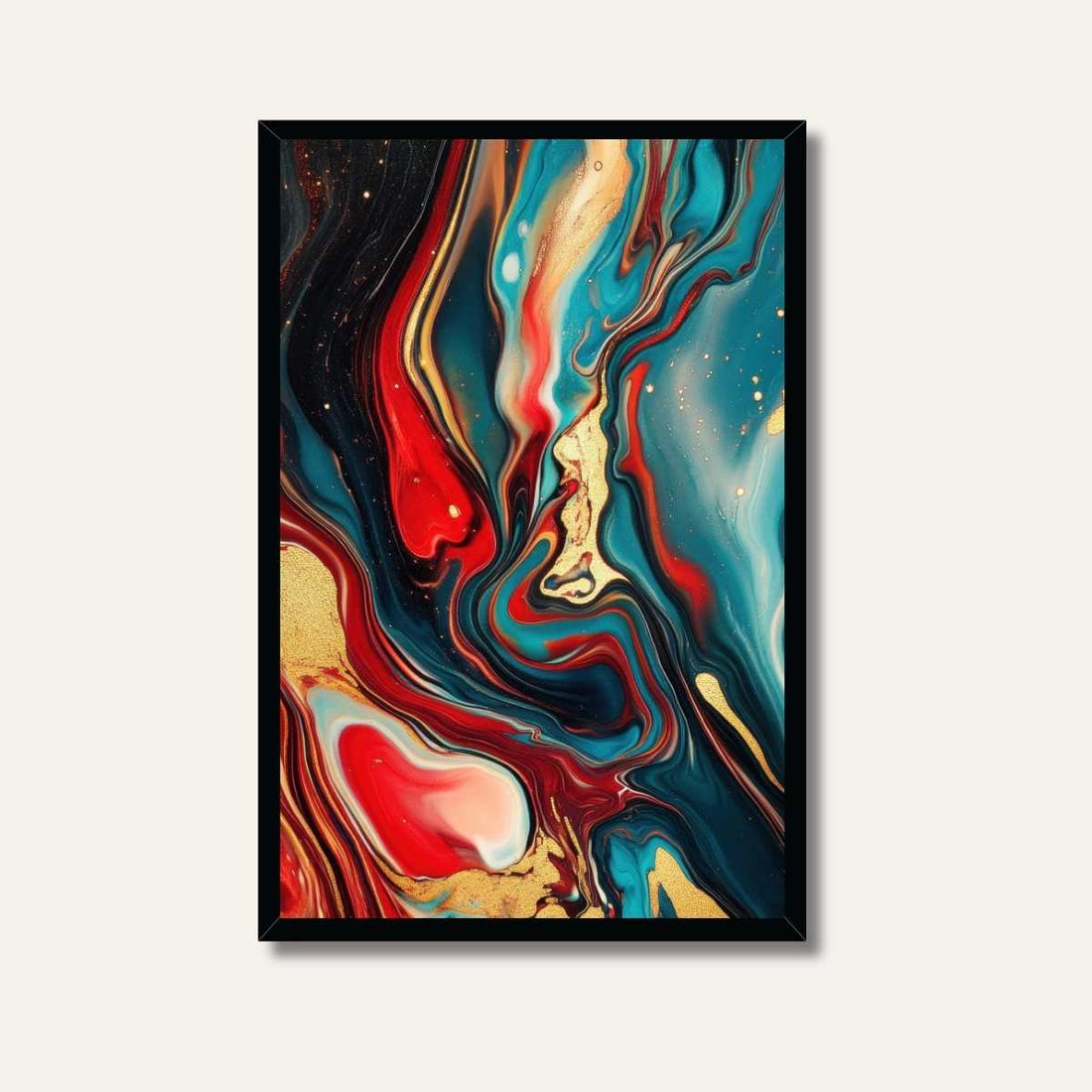 Premium Fluid Abstract Marble Wall Art | Vertical Modern Teal, Red & Gold Black Framed Poster 2 : 3 Vertical Premium Wall Art Canvas by MeriDeewar