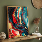 Premium Fluid Abstract Marble Wall Art | Vertical Modern Teal, Red & Gold Black Framed Poster 2 : 3 Vertical Premium Wall Art Canvas by MeriDeewar