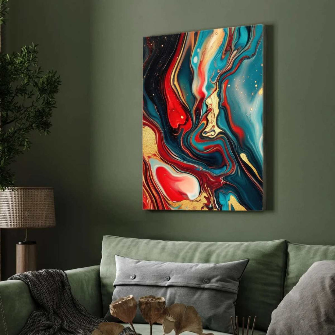 Premium Fluid Abstract Marble Wall Art | Vertical Modern Teal, Red & Gold Black Framed Poster 2 : 3 Vertical Premium Wall Art Canvas by MeriDeewar
