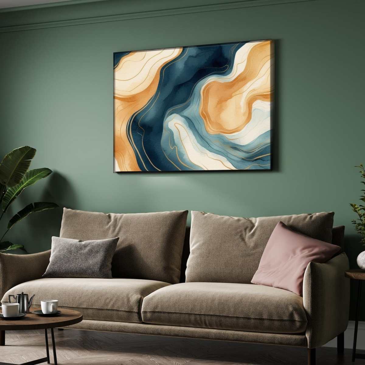 Premium Fluid Abstract Navy & Gold Wall Art | Horizontal Modern Liquid Marble Black Framed Poster 2 : 3 Horizontal Premium Wall Art Canvas by MeriDeewar