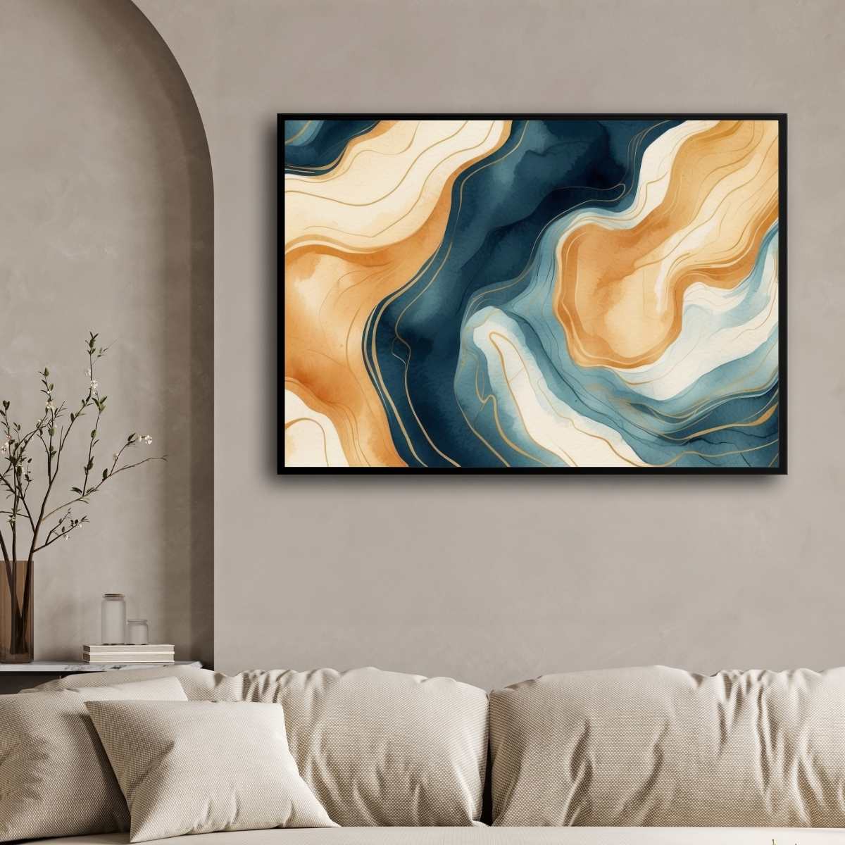 Premium Fluid Abstract Navy & Gold Wall Art | Horizontal Modern Liquid Marble Black Framed Poster 2 : 3 Horizontal Premium Wall Art Canvas by MeriDeewar