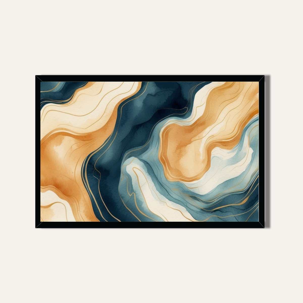 Premium Fluid Abstract Navy & Gold Wall Art | Horizontal Modern Liquid Marble Black Framed Poster 2 : 3 Horizontal Premium Wall Art Canvas by MeriDeewar