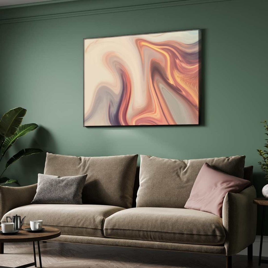 Premium Fluid Abstract Peach & Lavender Wall Art | Horizontal Modern Liquid Marble Black Framed Poster 2 : 3 Horizontal Premium Wall Art Canvas by MeriDeewar