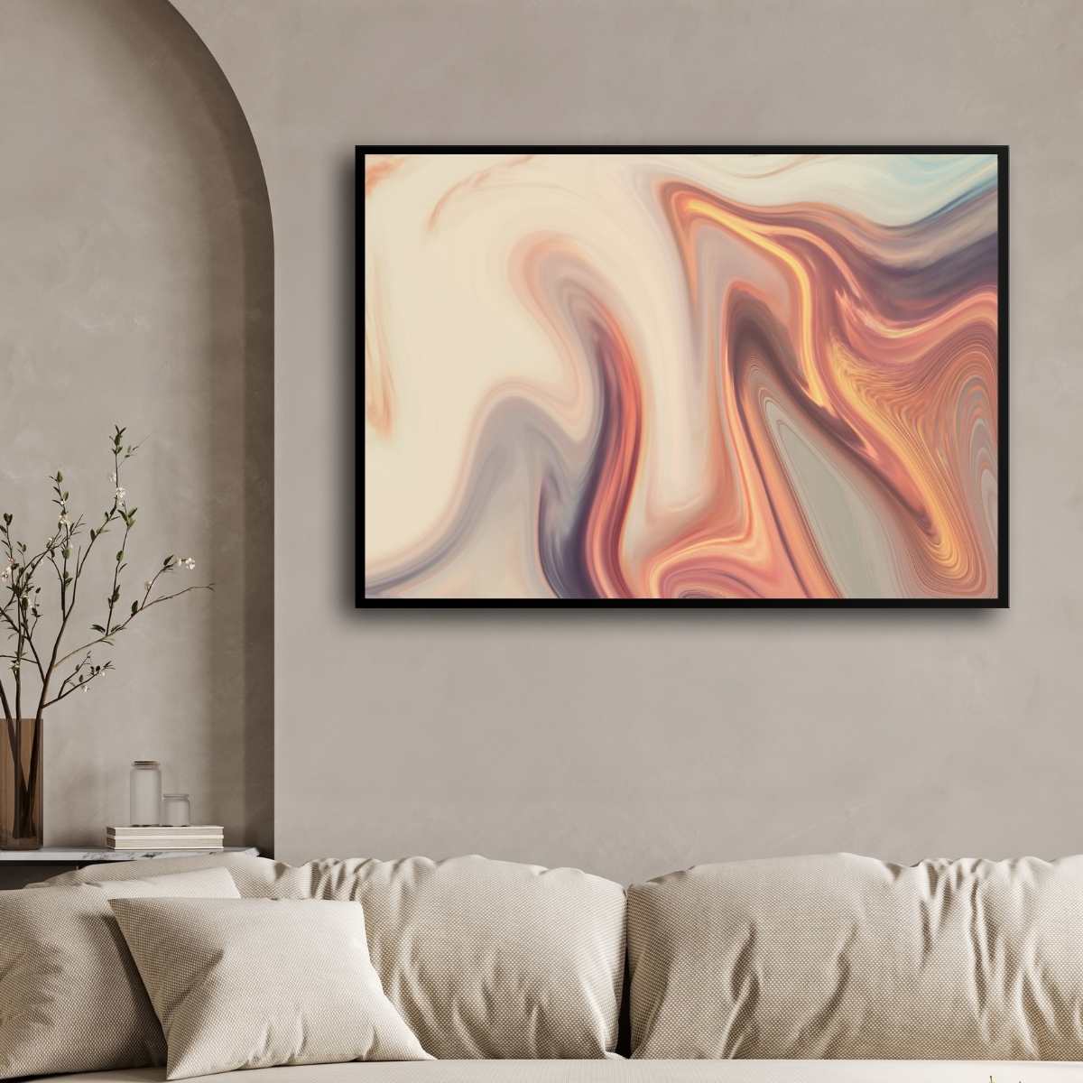 Premium Fluid Abstract Peach & Lavender Wall Art | Horizontal Modern Liquid Marble Black Framed Poster 2 : 3 Horizontal Premium Wall Art Canvas by MeriDeewar