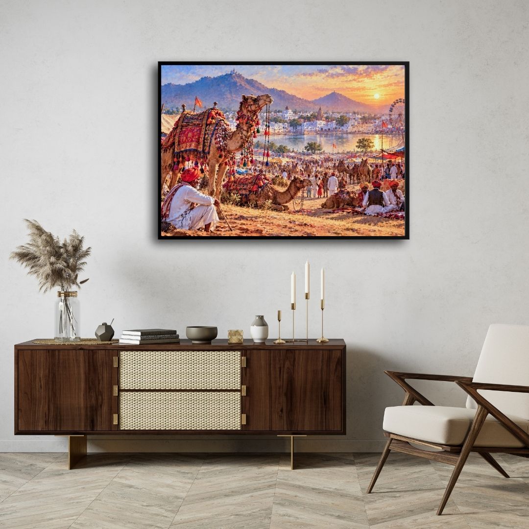 Pushkar Fair | Sunset Rajasthan Camel Mela Desert Canvas Wrap Curate Black Premium Wall Art Canvas by MeriDeewar