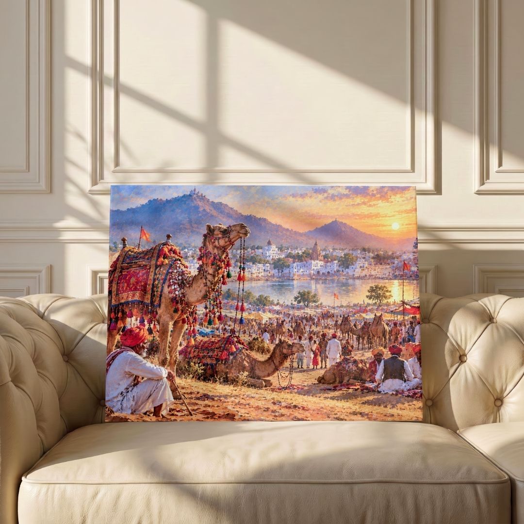 Pushkar Fair | Sunset Rajasthan Camel Mela Desert Canvas Wrap Curate Gallery Wrap Premium Wall Art Canvas by MeriDeewar