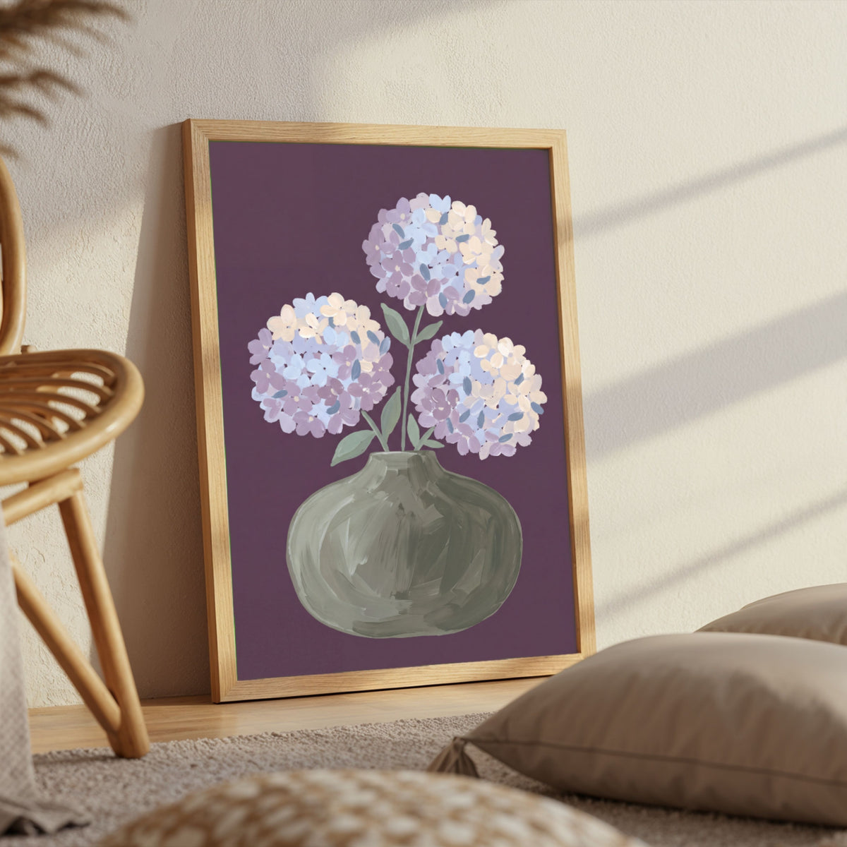 Quiet Bloom in Violet | Modern Minimalist Hydrangea Still Life Wall Art 3 : 4 Vertical Premium Wall Art Canvas by MeriDeewar