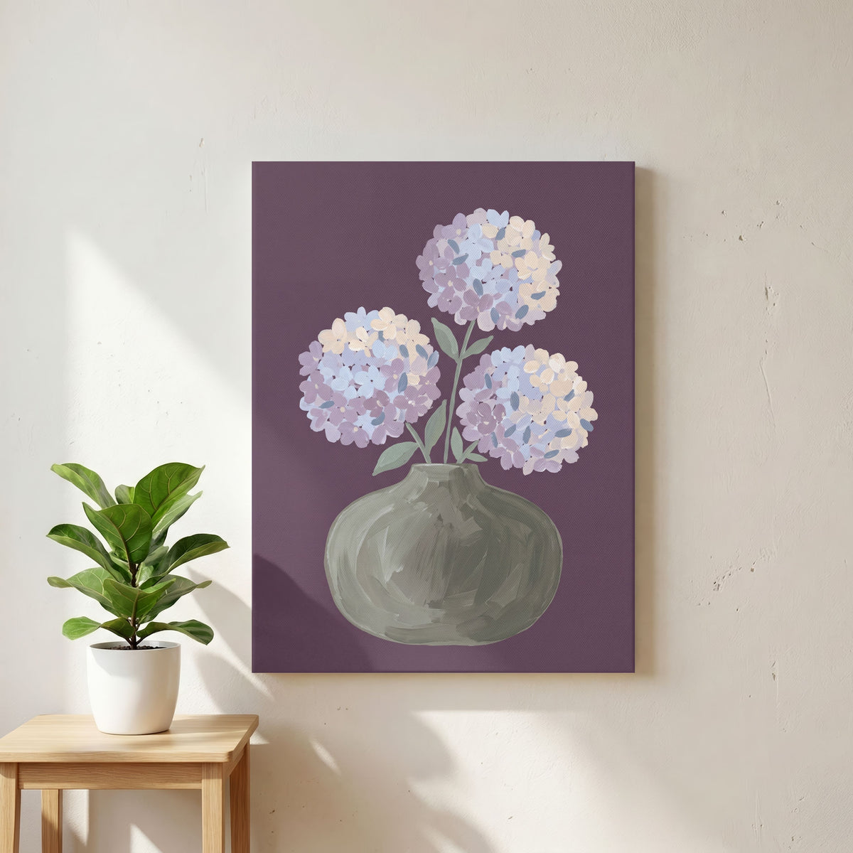 Quiet Bloom in Violet | Modern Minimalist Hydrangea Still Life Wall Art 3 : 4 Vertical Premium Wall Art Canvas by MeriDeewar